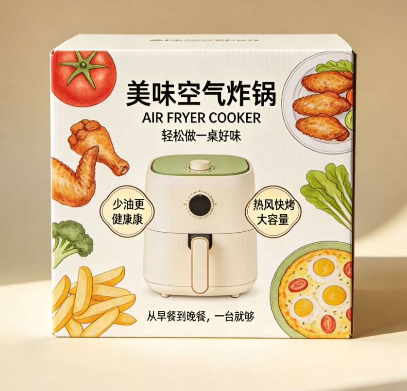 空气炸锅包装设计:用视觉展现便捷烹饪与现代厨房体验